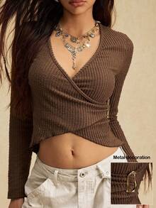 Easelle Brown Knit Jacquard Women's Cropped Fitted Top With Side Waist Metal Embellishments; Brown Textured Fabric Top With Decorative Metal Buttons. - Brown - View 1
