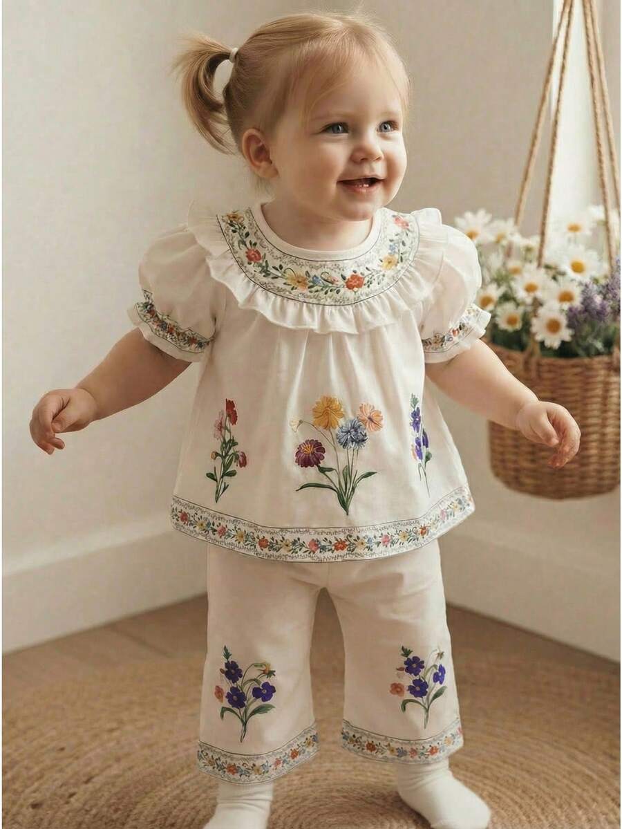 SHEIN Baby Girl Floral Print Ruffle Trim Puff Sleeve Top And Flare Pants Set - White - View 1