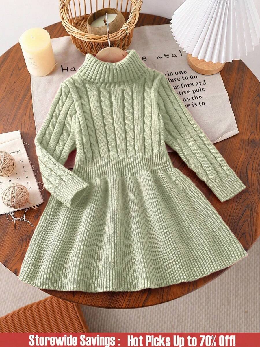 Young Girls Sweater Dress With A-Line Silhouette And High Round Neckline Autumn Back-To-School School Green - Mint Green - View 1