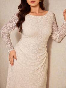 Elaquor 大码女士优雅长袖连衣裙，适合派对穿着 - 杏色 - 查看 6