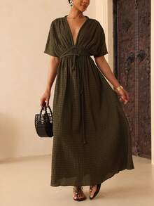 Vesra Women's V-Neck Loose Vacation Beach Green Dress With Drawstring, New For Spring/Summer - Army Green - View 5