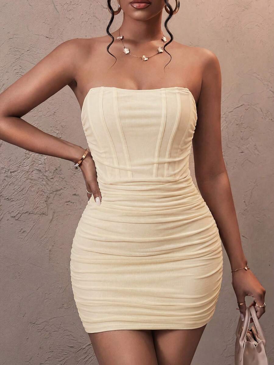 Slaydiva Women's Solid Color Ruched Fitted Sexy Bandeau Dress - Apricot - View 1