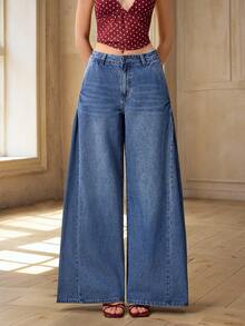 Selenza Women's Casual Everyday Washed Loose Fit Wide Leg Jeans With Slant Pockets - Blue - View 4