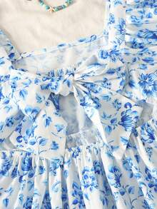 SHEIN Đầm in hoa thanh lịch dành cho bé gái tuổi teen, trang trí nơ và viền bèo nhún. - Xanh và trắng - Xem 7
