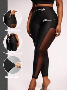 SHEIN SXY Plus Size Women Black Summer Girlism Gym Leggings,Mesh Patchwork Elastic Waist Yoga Tights With Pockets, Fashionable Casual Street Style Pants - Black - View 2