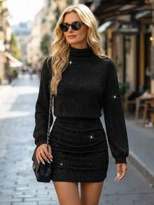 Editum 女式黑色亮面不对称罗纹针织高领长袖迷你连衣裙，秋冬 - 黑色 - 查看 1