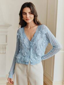 Anewsta Elegant Baby Blue Openwork Cardigan With 3D Floral Pearl Knit,Perfect For Autumn Tea Party,Spring/Summer Wedding,Formal,Holiday,Leisure,Fashionable - Baby Blue - View 4