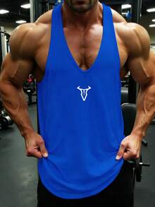 GymBeat Tank Top Pria dengan Motif Grafis, Leher Bulat Longgar, Tanpa Punggung, Kasual untuk Olahraga, Gym - Biru - View 3