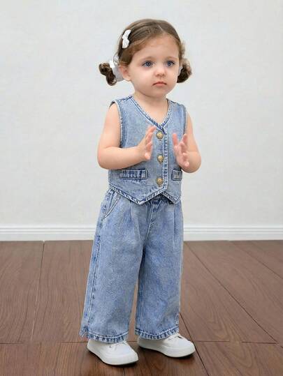SHEIN HEIN 2pcs Baby Girls Denim Suspender Top & Elastic Waist Pants Set,Kid Girls Casual Vacation Boho Homewear,Graduation /"Party/ Vacation Set,Fall Kid's Casual And Comfortable Wear
