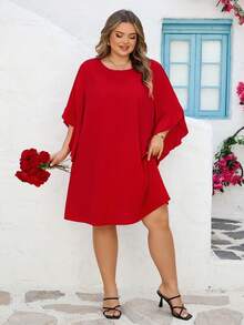 SHEIN CURVE+ Curve 尺码 US22 音乐节、海滨度假、波西米亚风 CURVE PLUS / / 女士圆领蝙蝠袖红色 A 字及膝中袖通勤春夏轻薄连衣裙 - 紅色 - 查看 8