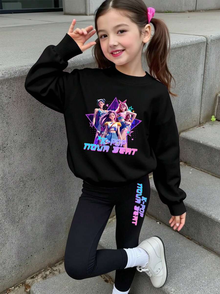 两件套韩流印花上衣，女童圆领卫衣和打底裤套装，时尚休闲，适合秋冬季穿着 - 彩色 - 查看 1