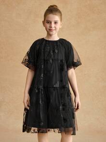 Tween Girls' Summer Casual Mesh Patchwork Butterfly Embroidery Puff Sleeve Dress - Navy Blue - View 5