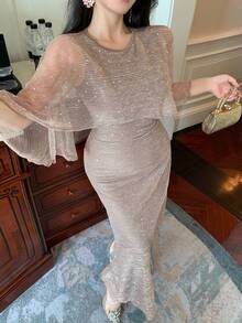 DAZY 亮片披肩收腰中长连衣裙（女款） - 杏色 - 查看 7