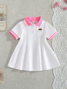 SHEIN Playful Pals 女婴白色休闲连衣裙，罗纹领口和袖口，适合休闲穿着、户外活动、运动和聚会。 - 粉色 - 查看 9