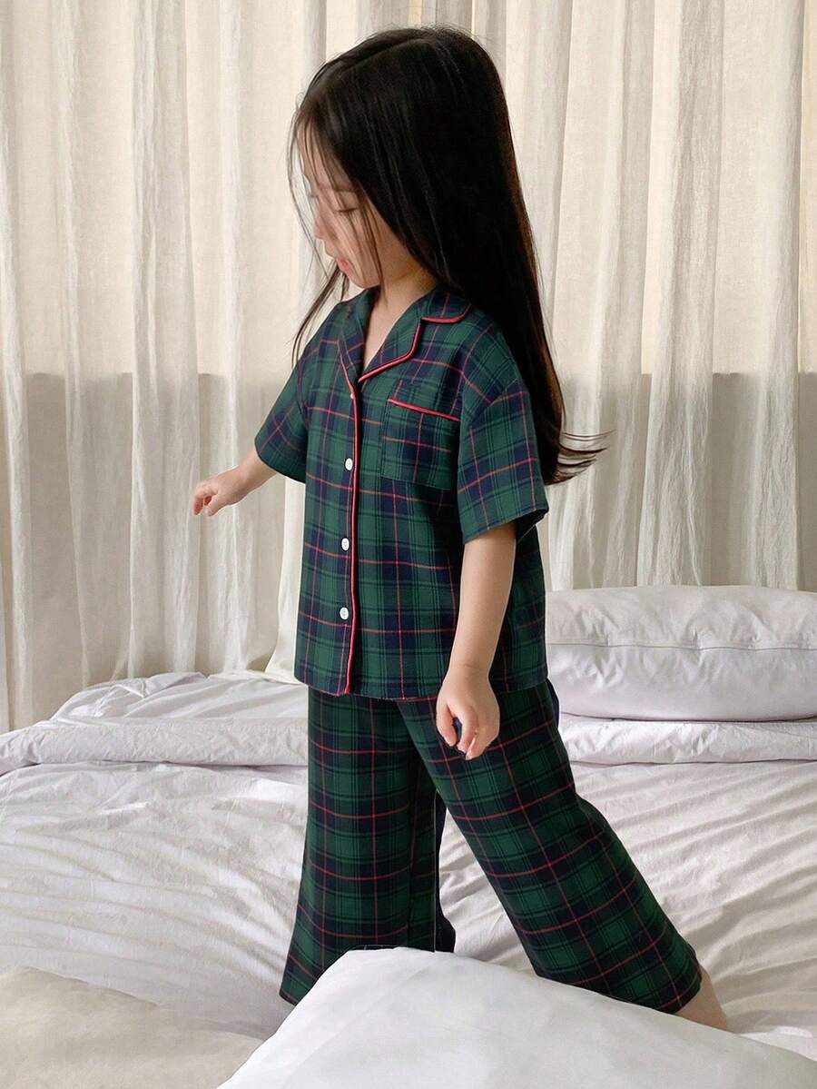 DAZY 女童格子印花撞色包边翻领短袖衬衫和裤子睡衣套装,春夏秋季 - 墨綠色 - 查看 1
