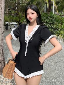 DAZY 女士拼色前系带防晒衣，简约休闲，适合夏季海滩度假 - 黑色 - 查看 8