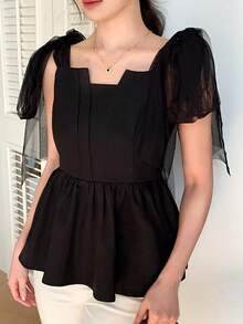 FRIFUL Women's Mesh Bodycon Ruffle Hem Patchwork Casual Camisole Layered Shirt - Black - View 3