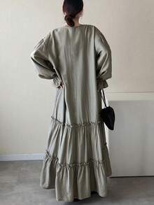 FRIFUL Women's Round Neck Drawstring Tie Hem Layered Ruffle Hem Loose A-Line Dress - Grey - View 2