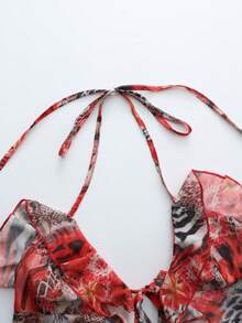 INAWLY Women's Vacation Leopard Floral Print Patchwork Ruffle Tie Front Halter Top - Multicolor - View 3