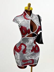 Mistrie 女士全印花镂空拼接紧身性感连衣裙 - 彩色 - 查看 4