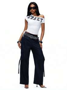 TypaGal Y2K Sexy Summer White Stylish Chic Bold Modern Women's Fashion Carnival Party Beach Vacation Street Casual  Women's Letter Print Oblique Shoulder Top - White - View 6