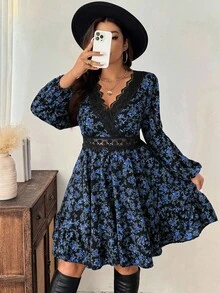 Lounesse Vestido casual plus size com renda floral contrastante, outono - Multicolorido - Ver 5