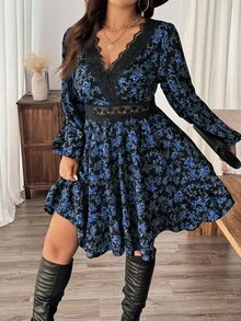 Lounesse Vestido casual plus size com renda floral contrastante, outono - Multicolorido - Ver 7