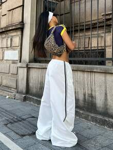 Coolane Women's Side Stripe Drawstring Waist Pleated Wide Leg Loose Pants - White - View 5