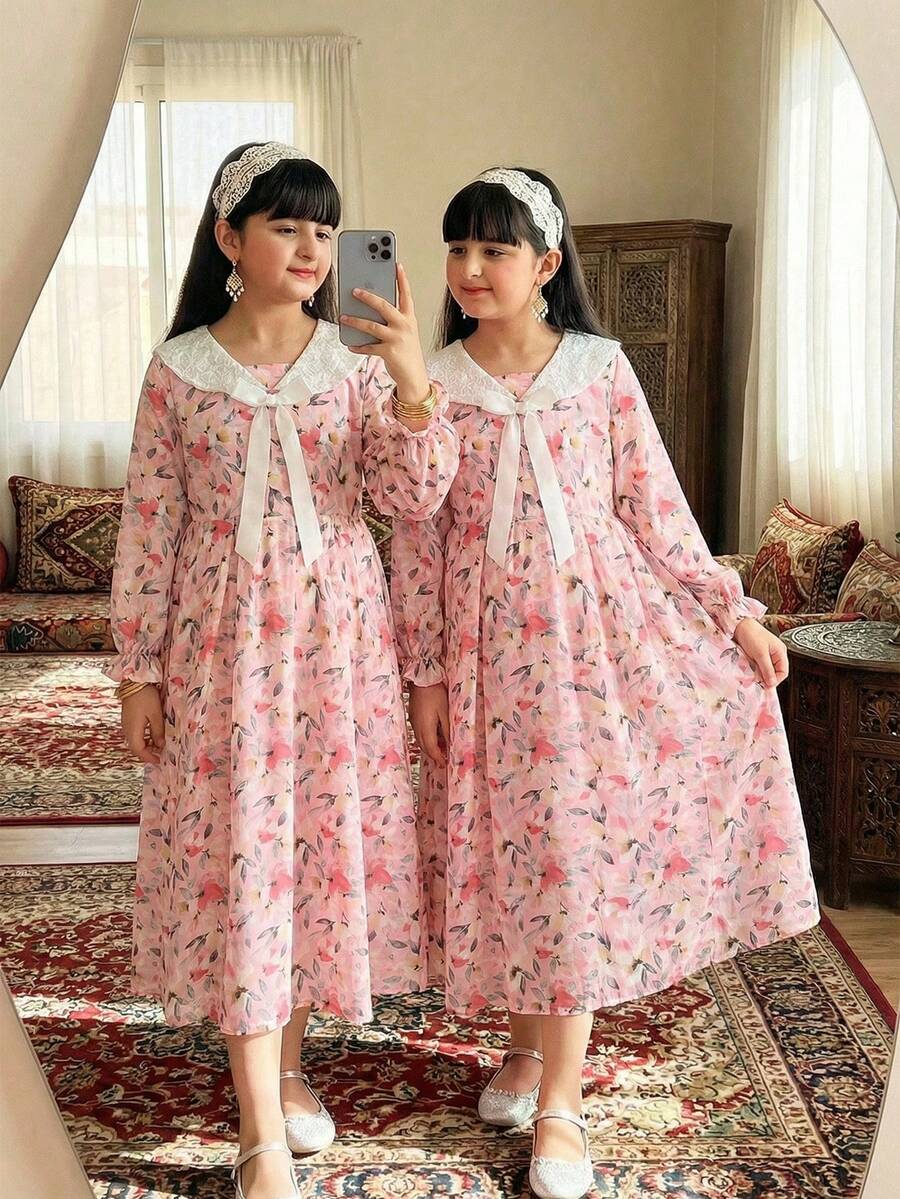 Tween Girls Pink Floral Midi Dress,Cute Summer Elegant Party Al-Adha Arabic Middle Eastern Style Lace Collar Large Bow Holiday Everyday Wear - Multicolor - View 1
