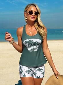 Swim Lushoire Bộ đồ bơi 3 món in hình cây cọ màu xanh ô liu mới dành cho nữ, gồm áo tankini lưng chéo và quần short. Áo tank top đi biển, áo kiểu nhiệt đới, áo mặc đi biển, áo tankini. - Nhiều màu - Xem 3