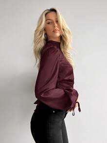 Firerie Women's Autumn Fashion Ruffle Backless Tie-Back Lantern Sleeve Blouse - Maroon - View 5