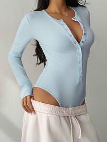 FavEase Women's Autumn/Winter Metallic Button Closure Comfortable Fitted Ribbed Knit Bodysuit - Baby Blue - View 7