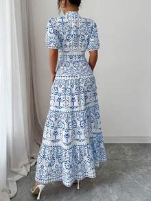 Elenzga Women's White And Blue Floral Puff Sleeve Allover Print Dress,Summer Elegant Vacation Casual Modest Lengthy Summer Dresses Outfits Cute Dress - Blue - View 2