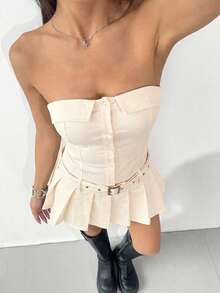 SHEIN EZwear 女士杏色无肩带单排扣极简连衣裙，适合夏季穿着 - 杏色 - 查看 6