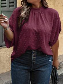 SHEIN Clasi Plus Size Women's Solid Color Stand Collar Batwing Short Sleeve Fashionable Blouse - Burgundy - View 3