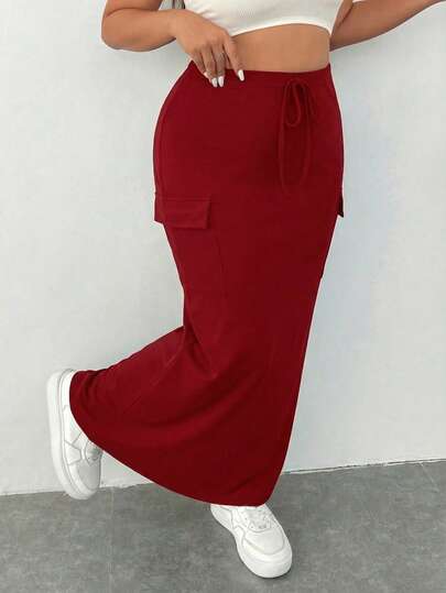 SHEIN EZwear Plus Size Women's Cargo Pocket Casual Burgundy Midi Skirt Women Skirts Red Drawstring Skirt Maroon Skirt Red Long Skirt Cargo Skirt