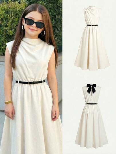 SHEIN Tween Girl Solid Color Crew Neck Sleeveless Casual Dress  Tween Girls' Colorblock Bow Tie Waist Dress, Casual Elegant Fashion Versatile Suitable For Daily Wear, Ceremonies, Parties, New Girls Dress Eggshell-Colored Dress With Detachable Bow Design, Khaki-Colored Bow Dress, Elegant And Fashionable
