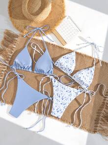 Swim Mod 2pcs Women Halter Strap Ditsy Floral Bikini Set, Minimalist Beach Vacation Swimwear - Multicolor - View 2