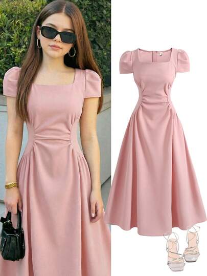 SHEIN Tonårsflickors fyrkantig halsringning med rynkad A-linjeform, elegant klänning i vintagestil i rosa