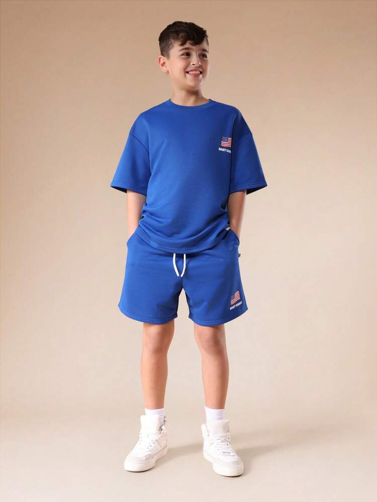 USA States Print Crew Neck Tee And Shorts Set