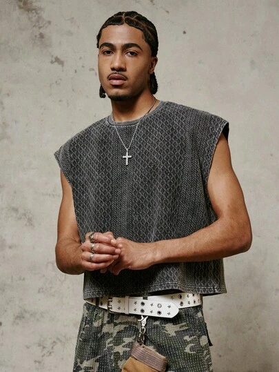 PAVTROS Pavtos Men's Street Style Cotton Sleeveless Vest, Sourced Cotton Knit Pullover Vest, Cropped Wide Shoulder Vest, Jacquard Knit Textured Fabric, Vintage Washed, Suitable For Vintage, Punk, Y2K, Clean-Fit And Other Mixed Style Enthusiasts, Rapper Clothing, Young Street Style, Fashion, Ins Style, Casual, Streetwear, Party, Back To School, Fashion Outfit, Holiday Gift, Boyfriend Gift, Unisex