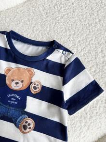 Newborn Baby Boy Cute Summer Knitted Cartoon Pattern Striped Short Sleeve T-Shirt And Shorts Set Baby Boy Summer Outfit Baby Boy Short Sets Baby Boy Bear Outfit Baby Boy Navy Shorts Baby Boy Clothes With Bears - Navy Blue - View 6