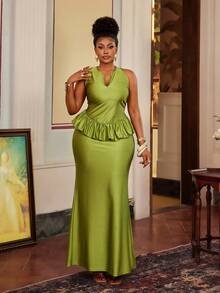 Maweii Plus Size Elegant V-Neck Sleeveless Ruffle Patchwork Bodycon Skirt 2-Piece Set - Green - View 2