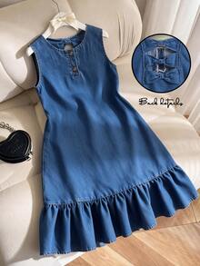 SHEIN Sparklyn Girls' Sleeveless Denim Dress With Ruffled Hem, Fashionable, Spring/Summer - Blue - View 3