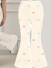 两件套少女休闲宽松蝴蝶印花圆领短袖T恤和喇叭裤套装，适合春夏日常穿着、街头风、外出、居家、度假。 - 彩色 - 查看 4