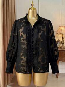 Rometta 大码女式优雅花卉蕾丝拼接立领长袖休闲百搭镂空衬衫 - 黑色 - 查看 3