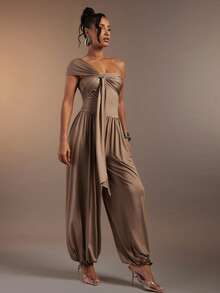 Hauture 女士性感单肩垂褶交叉前襟针织无袖抽绳下摆连体裤 - 咖啡棕 - 查看 4