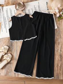 SHEIN 2件套少女碎花圆领休闲吊带背心和裤子套装 - 藍色 - 查看 7