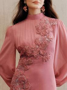 Anewsta Spring/Summer New Arrival Elegant Women's Chiffon Dress, Round Neck, Long Sleeve, Pleated, Pearl Embroidery Applique, Waist Cinched, A-Line Silhouette - Rusty Rose - View 1