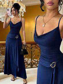 Gloray 女士优雅藏蓝色吊带垂领金属环收腰喇叭裙 - 藏蓝色 - 查看 1